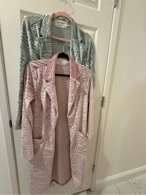 Crescent Velvet Open-Front Coat in Blush Pink and Sage 2 jackets.